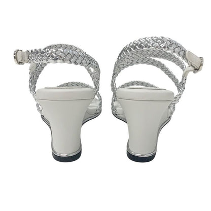 Chanel Sandals Shoes Leather Silver White Strap Braided Wedge Sole
