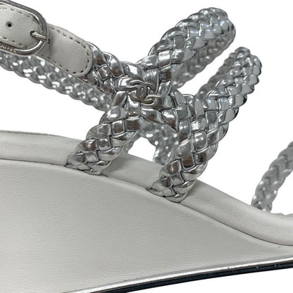 Chanel Sandals Shoes Leather Silver White Strap Braided Wedge Sole