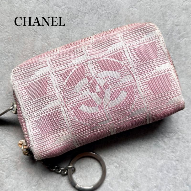 Chanel New Travel Line Coin Case with Key Ring Mini Pouch Canvas Pink Coco
