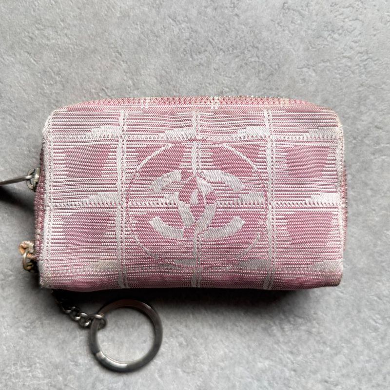 Chanel New Travel Line Coin Case with Key Ring Mini Pouch Canvas Pink Coco