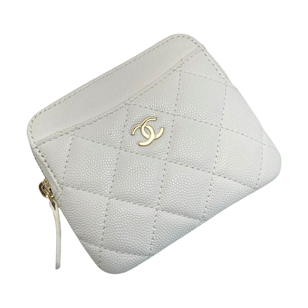 Chanel Matelasse Classic Zip Coin Purse Ap2061 White Coco Mark Caviar Skin