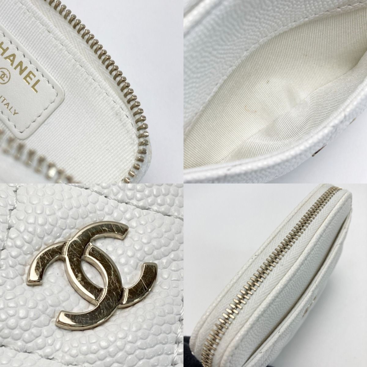 Chanel Matelasse Classic Zip Coin Purse Ap2061 White Coco Mark Caviar Skin