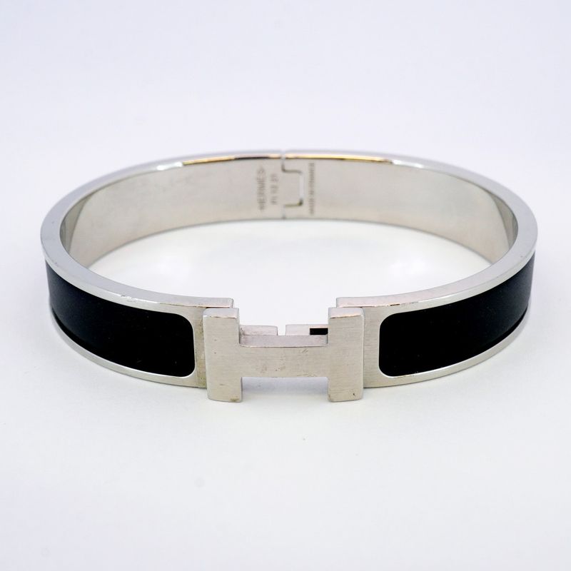 Hermes Bangle Click Clack PM Metal Silver Black Men's