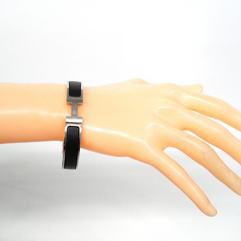 Hermes Bangle Click Clack PM Metal Silver Black Men's