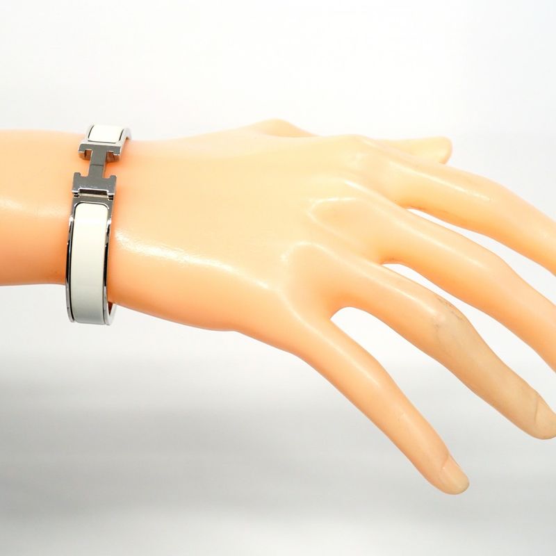 Hermes Bangle Click Clack PM Metal Silver White Ladies