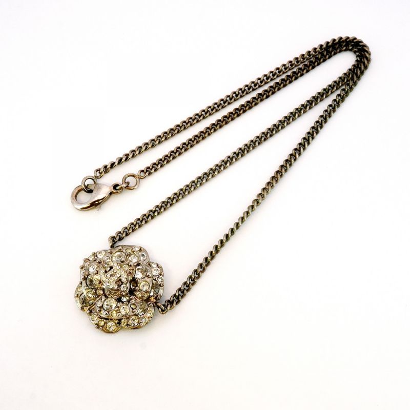 Chanel Necklace Coco Mark Camellia Metal Rhinestone Silver Ladies
