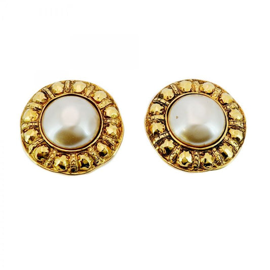 Chanel Earrings Vintage Round Shape Circle GP Plated Faux Pearl Gold Ladies