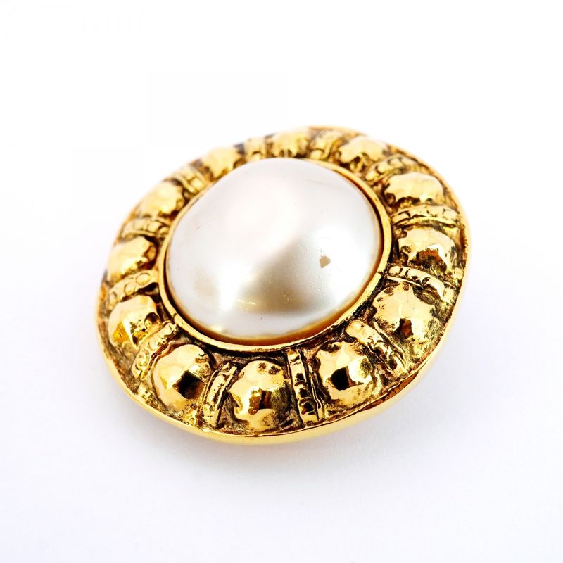 Chanel Earrings Vintage Round Shape Circle GP Plated Faux Pearl Gold Ladies