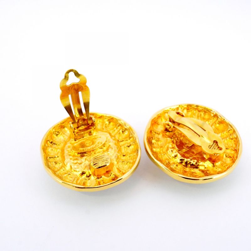 Chanel Earrings Vintage Round Shape Circle GP Plated Faux Pearl Gold Ladies