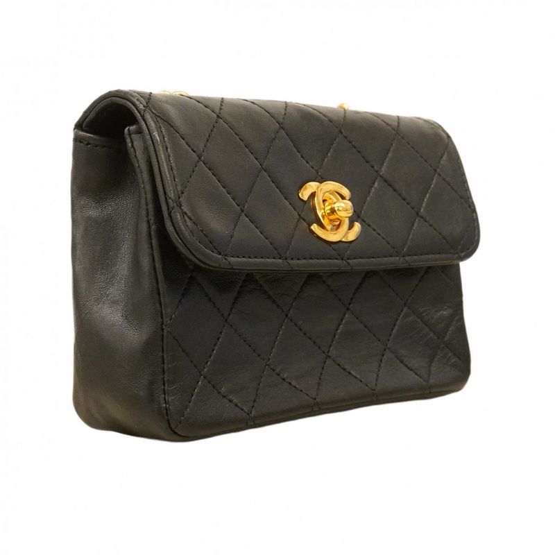 Chanel Shoulder Bag Mini Matelasse Lambskin Black Gold Hardware Women