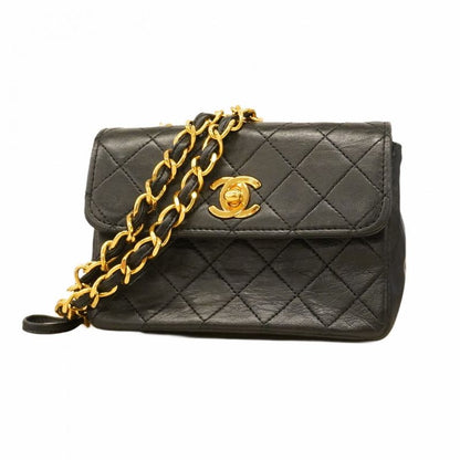 Chanel Shoulder Bag Mini Matelasse Lambskin Black Gold Hardware Women