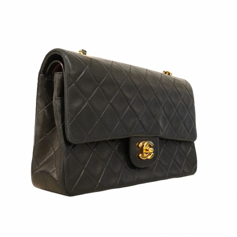 Chanel Shoulder Bag Matelasse Lambskin Black Gold Hardware Women