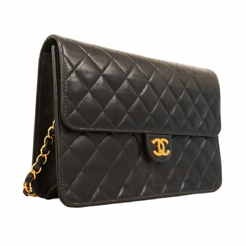 Chanel Shoulder Bag Matelasse Lambskin Black Gold Hardware Women