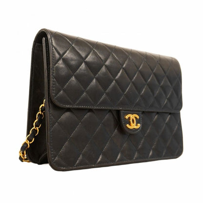 Chanel Shoulder Bag Matelasse Lambskin Black Gold Hardware Women