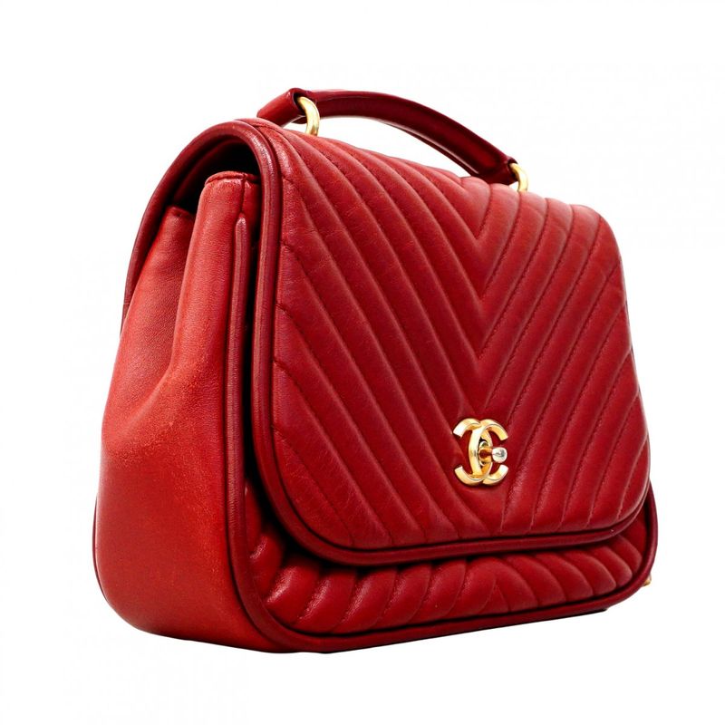 Chanel Handbag V-stitched Lambskin Red Gold Hardware Women