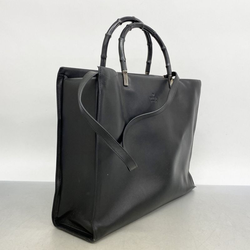 Gucci Tote Bag Bamboo 002 1033 Leather Black Silver Hardware 2way Bag Men Women