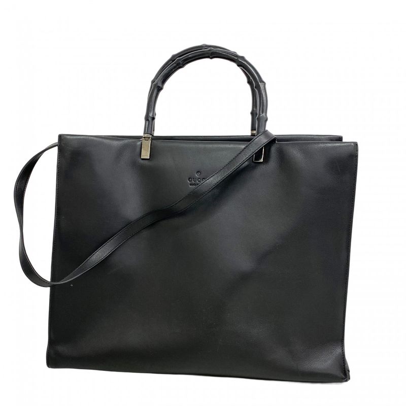 Gucci Tote Bag Bamboo 002 1033 Leather Black Silver Hardware 2way Bag Men Women