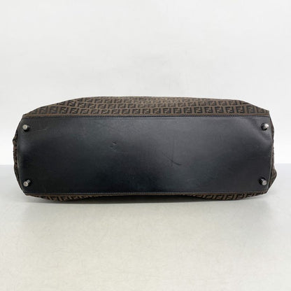 Fendi Tote Bag Zucchino Nylon Canvas Brown Black Silver Hardware Women's