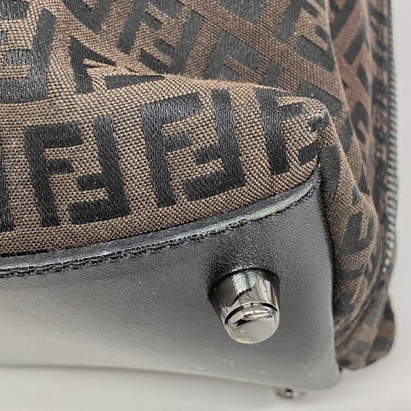 Fendi Tote Bag Zucchino Nylon Canvas Brown Black Silver Hardware Women's