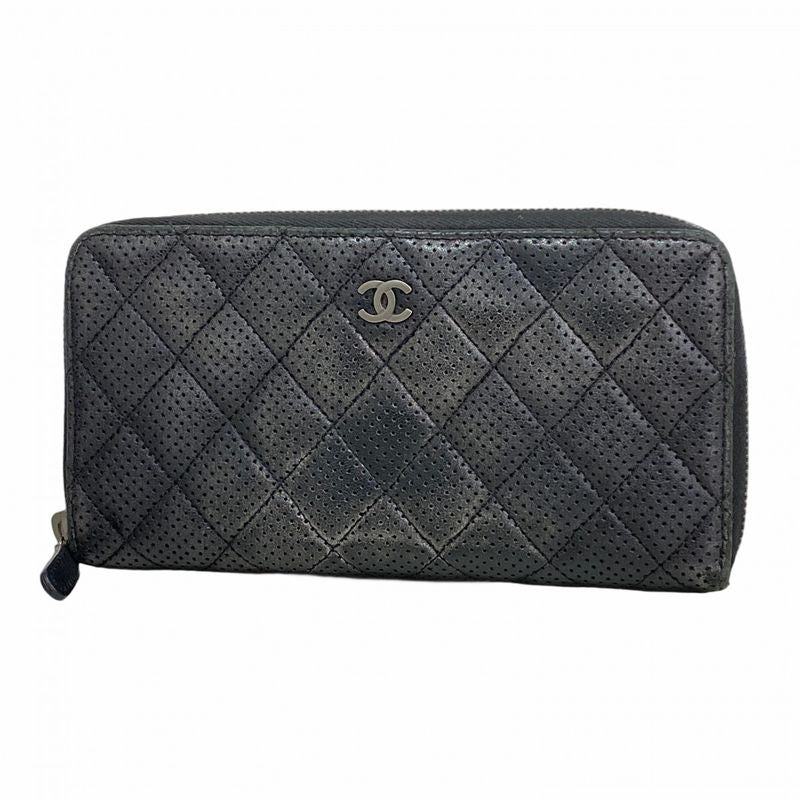 Chanel Long Wallet Matelasse Perforated Lambskin Black Silver Hardware Women