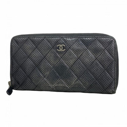 Chanel Long Wallet Matelasse Perforated Lambskin Black Silver Hardware Women