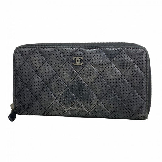 Chanel Long Wallet Matelasse Perforated Lambskin Black Silver Hardware Women