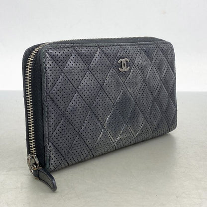 Chanel Long Wallet Matelasse Perforated Lambskin Black Silver Hardware Women