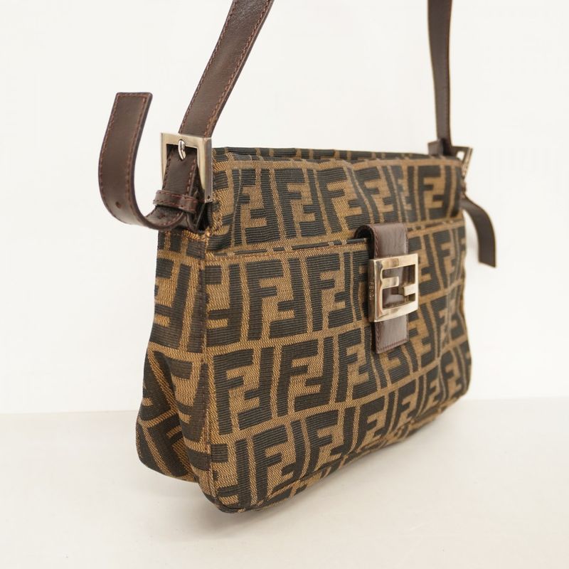 Fendi Shoulder Bag Zucca Nylon Canvas Brown Silver Hardware Women