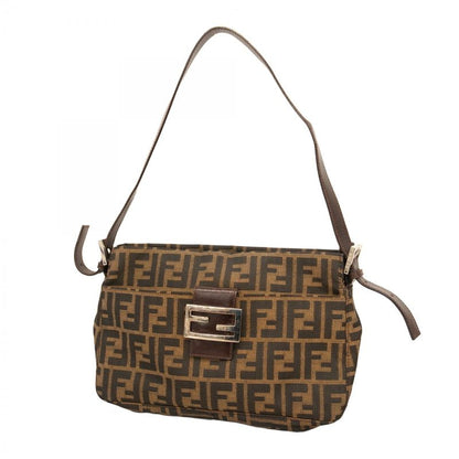 Fendi Shoulder Bag Zucca Nylon Canvas Brown Silver Hardware Women