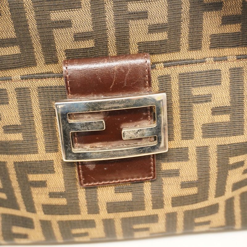 Fendi Shoulder Bag Zucca Nylon Canvas Brown Silver Hardware Women