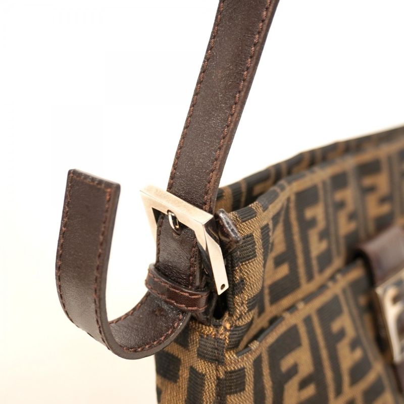 Fendi Shoulder Bag Zucca Nylon Canvas Brown Silver Hardware Women