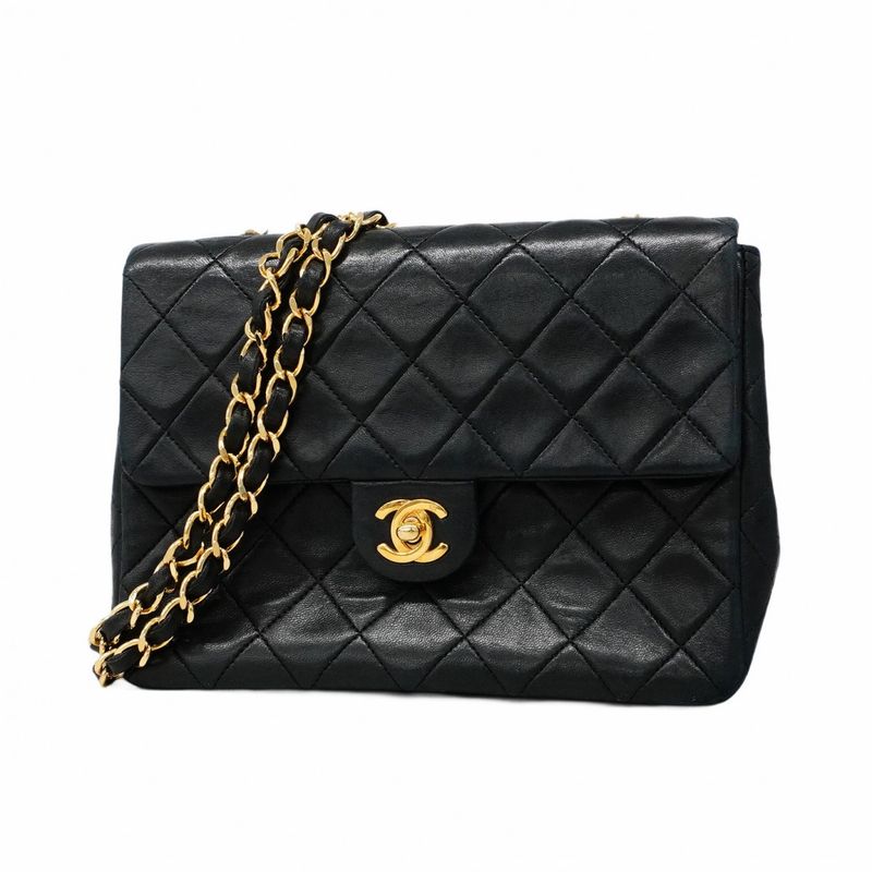 Chanel Shoulder Bag Mini Matelasse Lambskin Black Gold Hardware Women