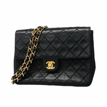 Chanel Shoulder Bag Mini Matelasse Lambskin Black Gold Hardware Women