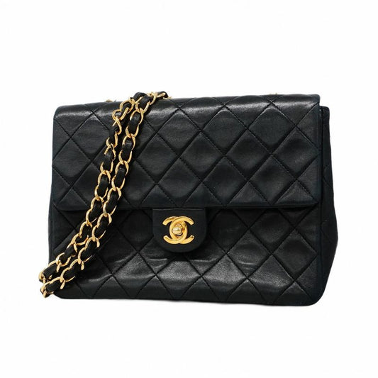 Chanel Shoulder Bag Mini Matelasse Lambskin Black Gold Hardware Women