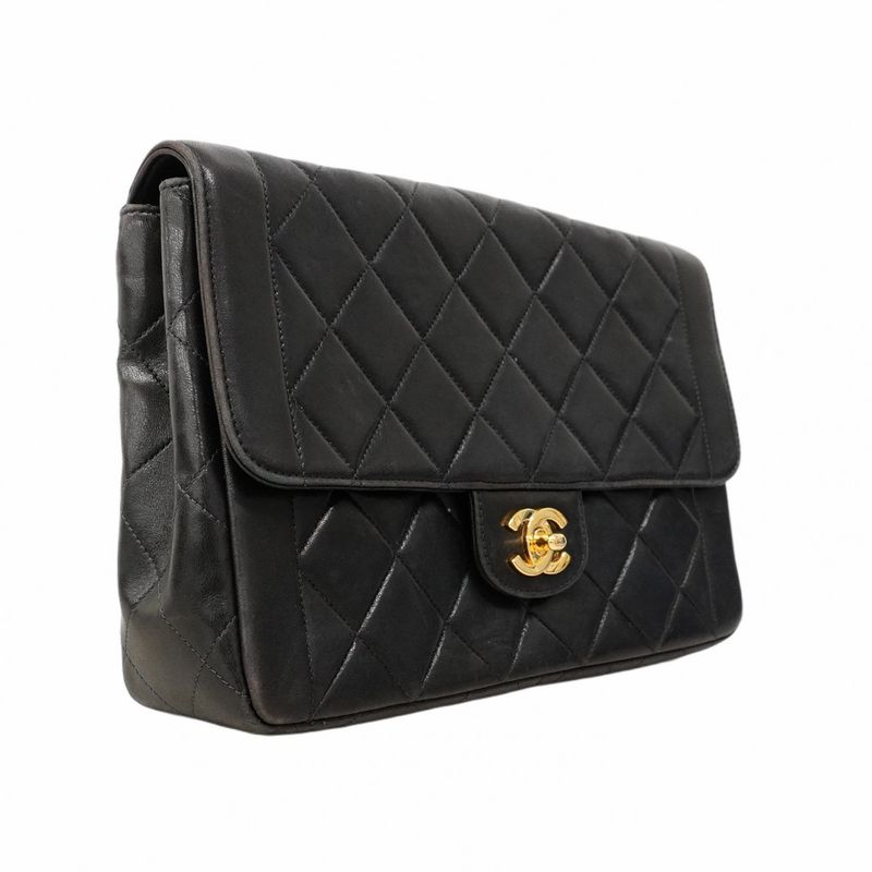 Chanel Shoulder Bag Matelasse Lambskin Black Gold Hardware Women