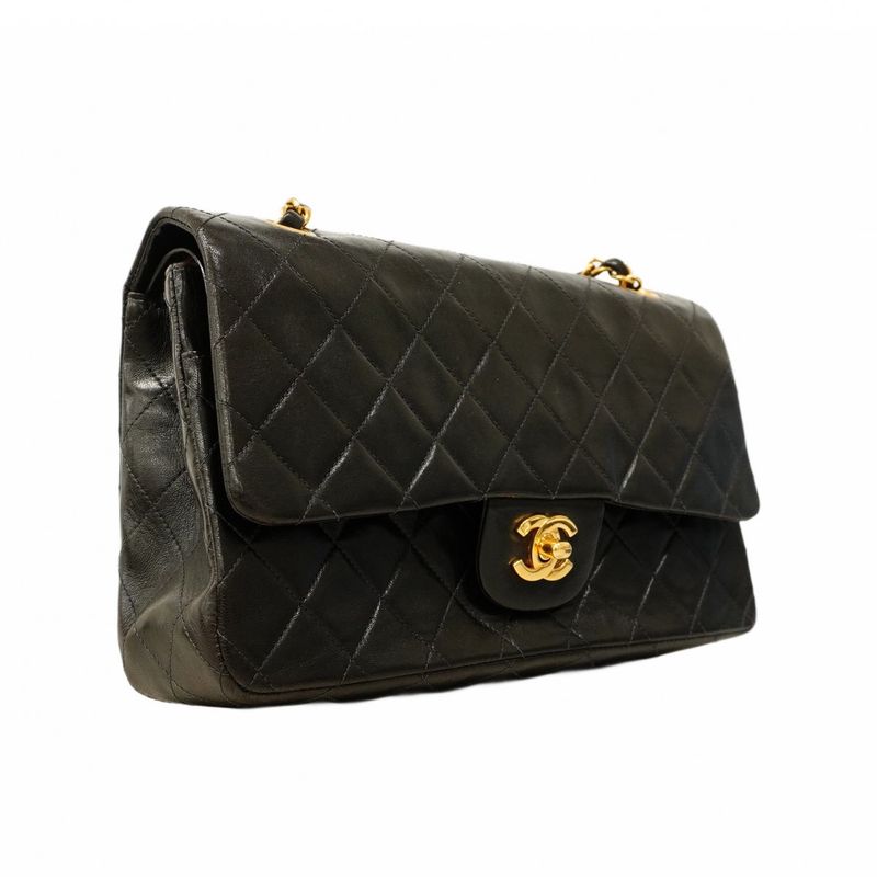 Chanel Shoulder Bag Matelasse Lambskin Black Gold Hardware Women