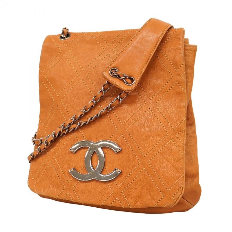 Chanel Shoulder Bag Leather Light Brown Silver Hardware Women