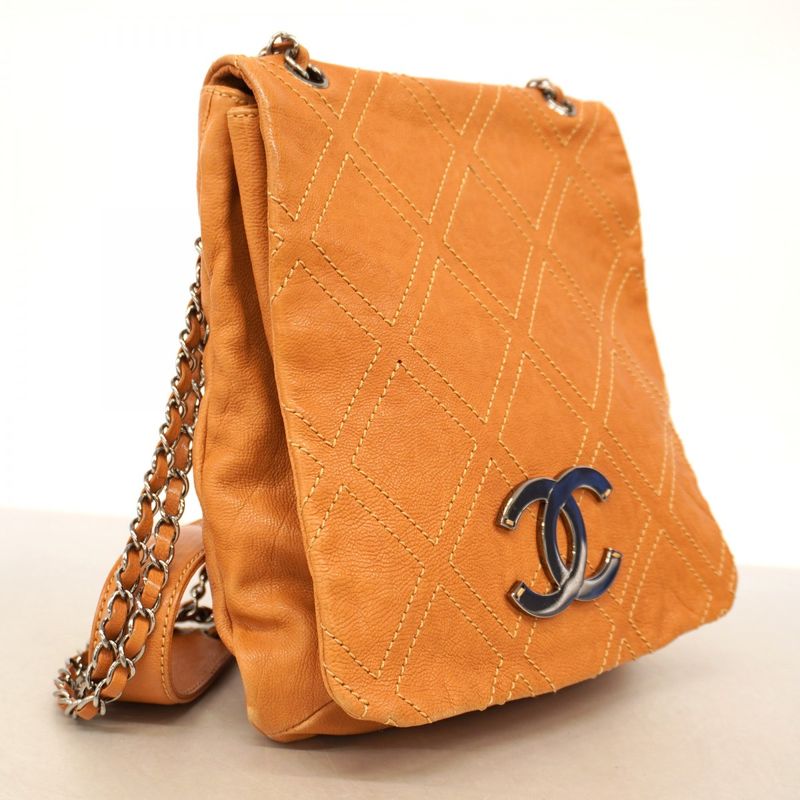 Chanel Shoulder Bag Leather Light Brown Silver Hardware Women
