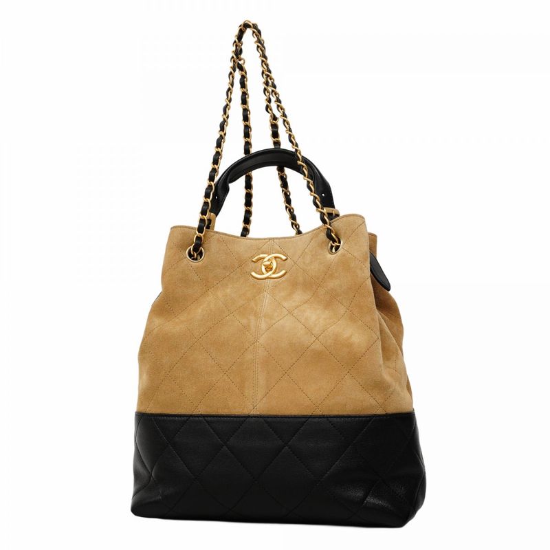Chanel Handbag Métiers D'art Suede Calf Beige Black Gold Hardware 2way Bag