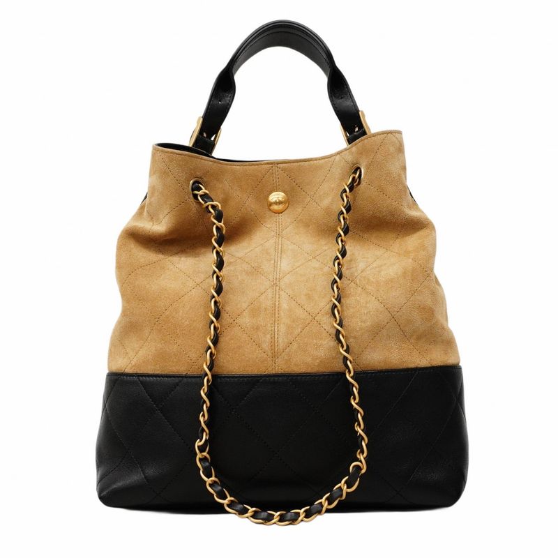 Chanel Handbag Métiers D'art Suede Calf Beige Black Gold Hardware 2way Bag