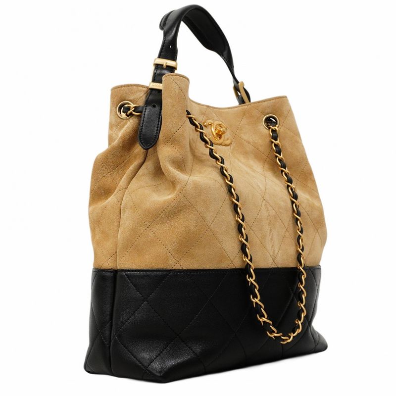 Chanel Handbag Métiers D'art Suede Calf Beige Black Gold Hardware 2way Bag