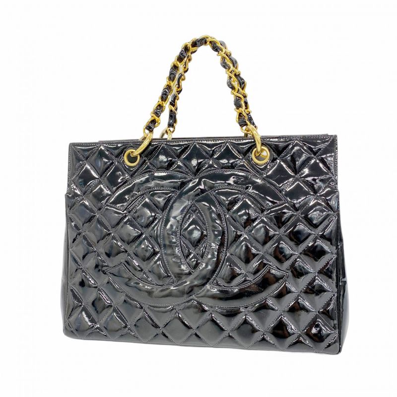 Chanel Tote Bag Matelasse Chain Patent Leather Black Gold Hardware Women's