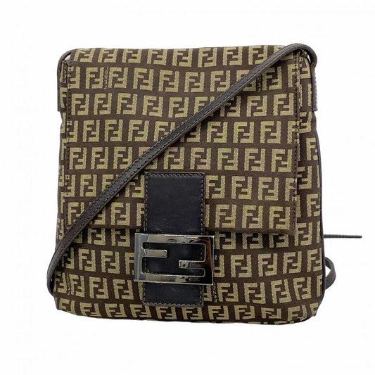Fendi Shoulder Bag Zucchino Nylon Canvas Brown Silver Hardware