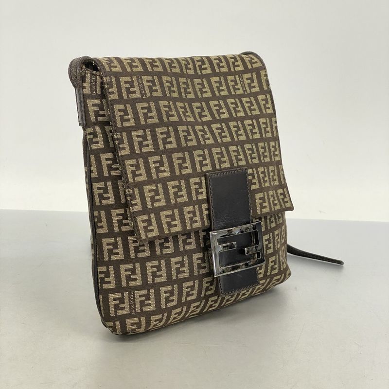 Fendi Shoulder Bag Zucchino Nylon Canvas Brown Silver Hardware