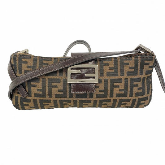 Fendi Shoulder Bag Zucca Nylon Canvas Brown Silver Hardware Women