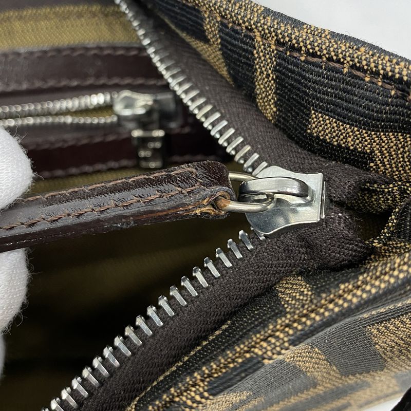 Fendi Shoulder Bag Zucca Nylon Canvas Brown Silver Hardware Women