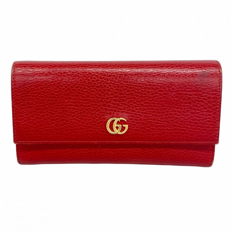 Gucci Long Wallet GG Marmont 456116 Leather Red Gold Hardware Women