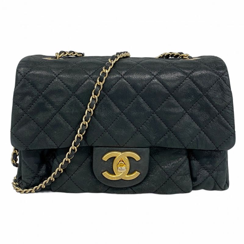 Chanel Shoulder Bag Matelasse Leather Black Gold Hardware Women