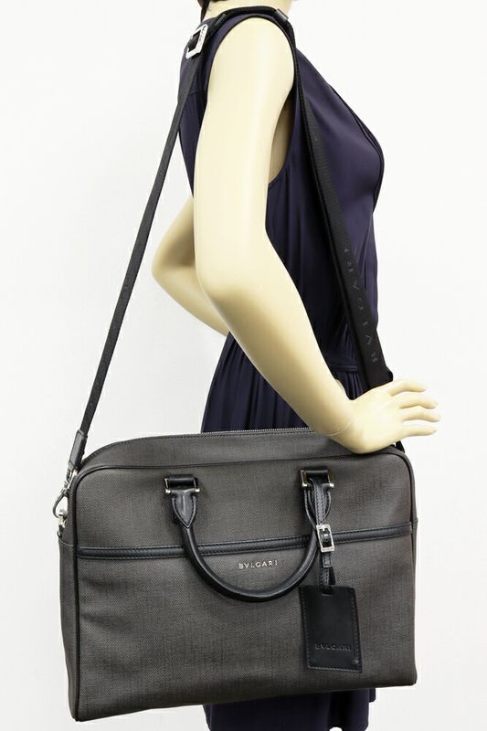 Bulgari Briefcase Business Bag Weekend PVC Canvas X Calf Gray X Black 2WAY