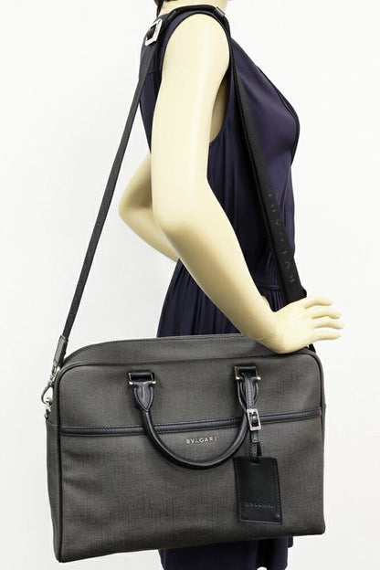 Bulgari Briefcase Business Bag Weekend PVC Canvas X Calf Gray X Black 2WAY